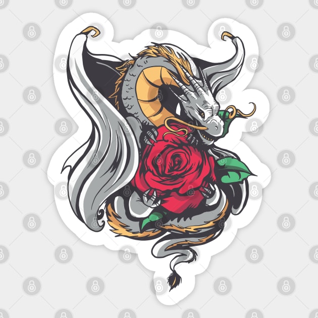 Dragon with Red Rose Fantasy Tattoo Style Sticker by Kali Space